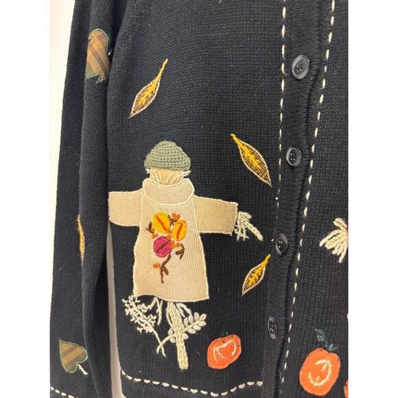 Vintage Halloween All Points Fall Scarecrow Leaves Cardigan Sweater - Picture 3 of 6